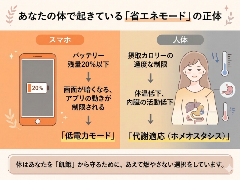 代謝適応をスマホの低電力モードに例えて解説した図解